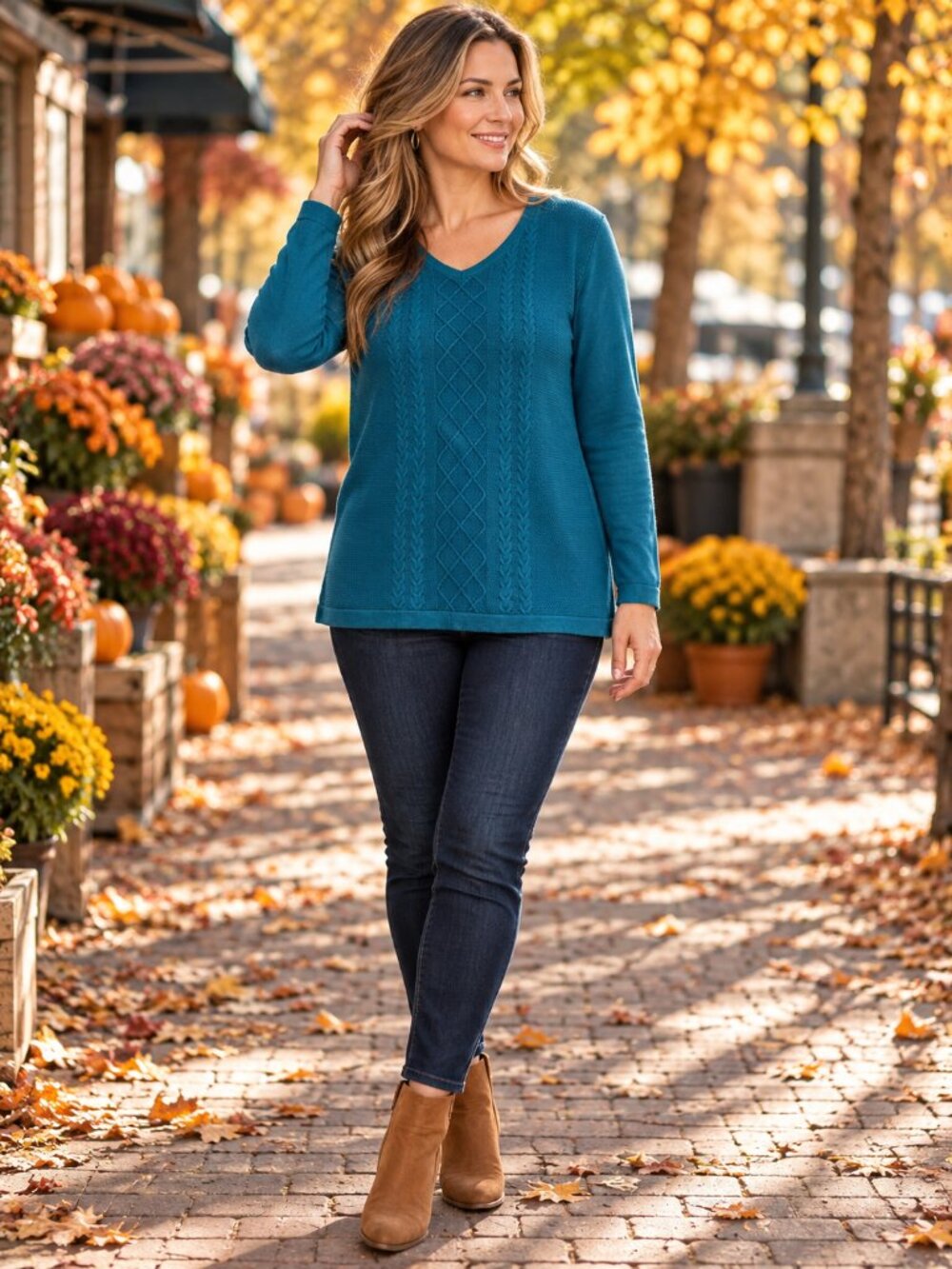 Talbots Teal Cable Knit V-Neck Sweater Women's Large Cotton